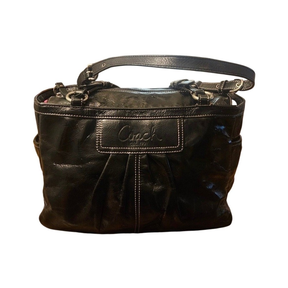 Coach Black Crinkled Leather Shoulder Bag Contrast Stitch Buckle‎ Straps